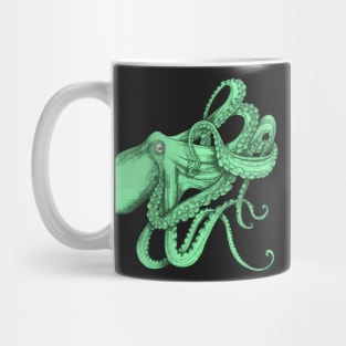 Octopus, green, on black. A tangle of tentacles. Mug